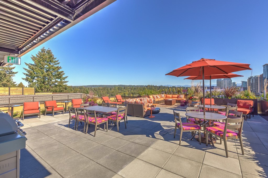 Lux Apartments Bellevue WA Rooftop Lounge with outdoor seating and grills Lux Apartments Bellevue WA Rooftop Lounge with outdoor seating and grills